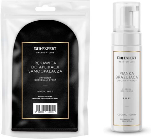 Zestaw TanExpert Magic Mitt Rękawica Do Aplikacji Samoopalacza + TanExpert Coconut Glow pianka samoopalająca z wodą kokosową 200ml