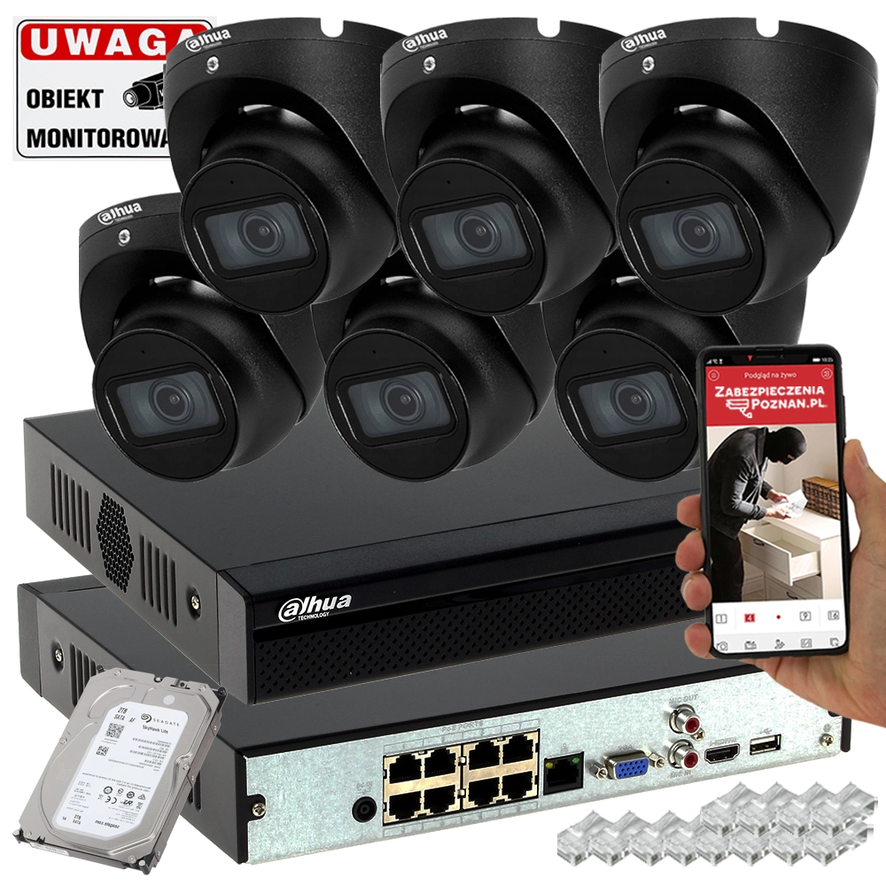 Фото - Комплект відеоспостереження Dahua System monitoringu firmy 6 kamer IP  IPC-HDW1530T-0280B-S6-BLACK 5MPx 