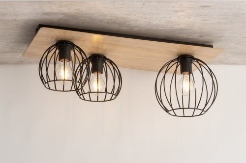 Sigma czarna lampa sufitowa loft 32359 CYBER 3 PROSTOKĄT potrójny krótki żyrandol z drewnem podłużny na 3 żarówki 32359
