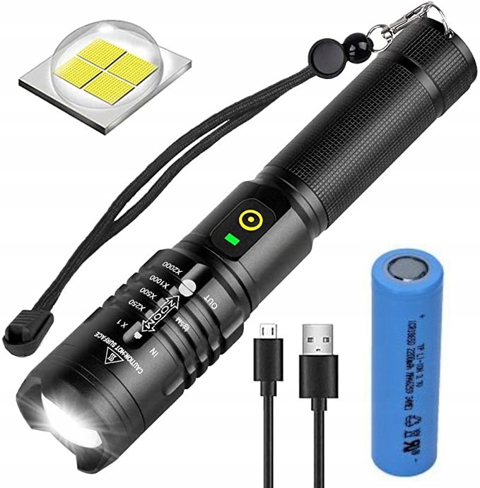 Mocna Latarka Taktyczna Led Powerbank Usb Zoom