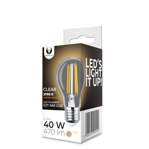 TelForceOne Żarówka LED Filament E27 A60 4W 230V 2700K 470lm COG przezroczysta Forever Light