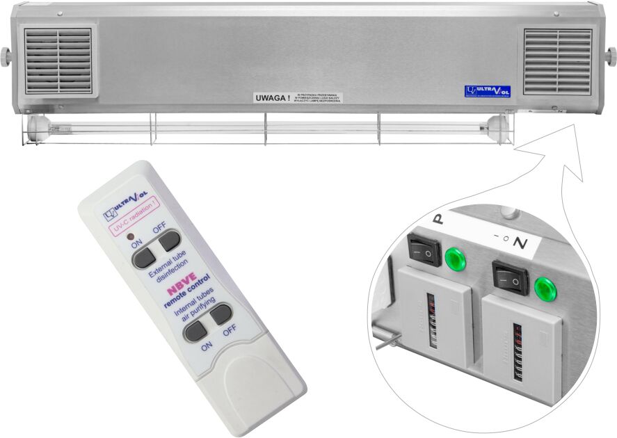 Ultra-viol Sp.j NBVE-60/30NL RC 2-funkcyjna lampa bakteriobójcza przepływowa ścienna z pilotem i licznikami NBVE-60/30NL RC