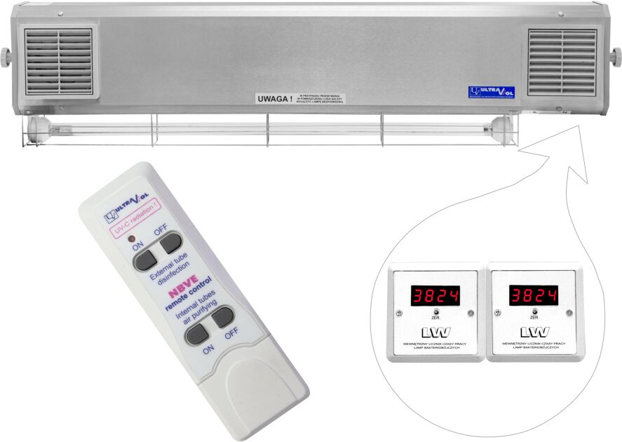 Ultra-viol Sp.j NBVE-60/30NLW RC 2-funkcyjna lampa bakteriobójcza przepływowa ścienna z pilotem i licznikami LED NBVE-60/30NLW RC