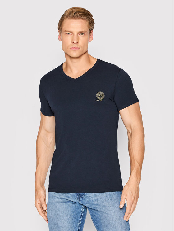 Versace T-Shirt Scollo AUU01004 Granatowy Regular Fit