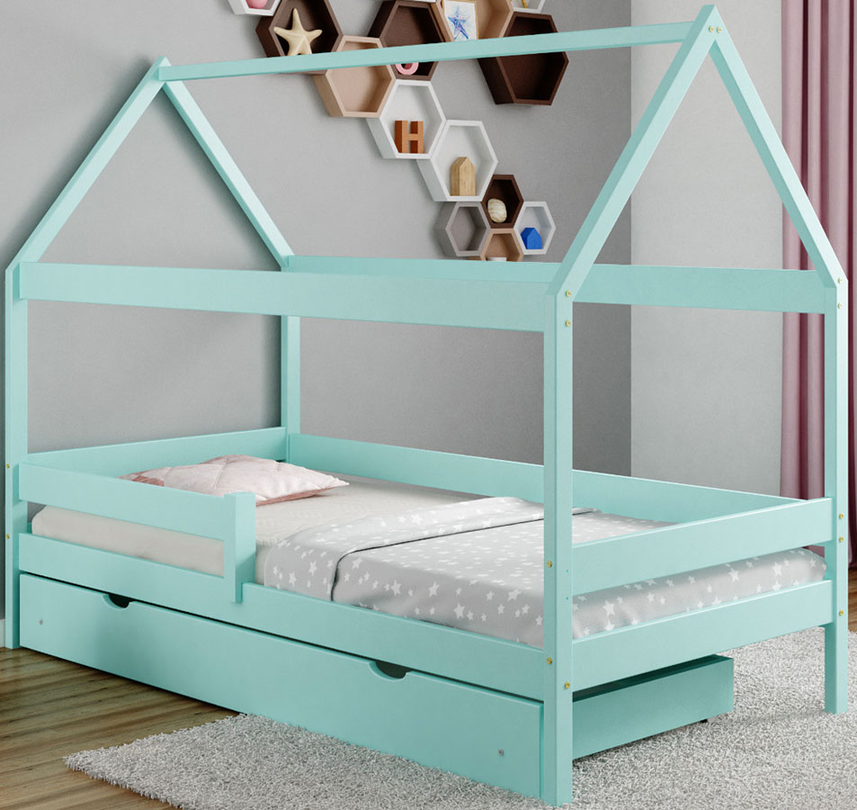 Turkusowe drewniane łóżko do pokoju dziecka Petit 4X 180x80 cm