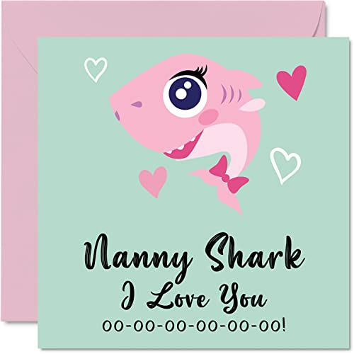 Kartki urodzinowe dla niani - niani rekin - kartka na Dzień Matki od wnuczki wnuka, Happy Birthday Nanny Baby, 145 mm x 145 mm sezonowa niania niania Śmieszne kartki z życzeniami