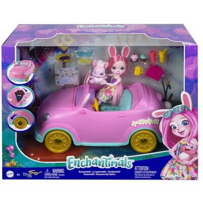 Enchantimals Bunnymobile samochód (25,9 cm) 10-częściowy zestaw z lalką, figurką królika i akcesoriami HCF85