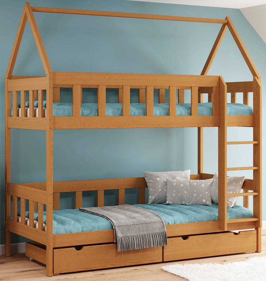 Drewniane piętrowe łóżko dziecięce z szufladami olcha Gigi 4X 180x90 cm