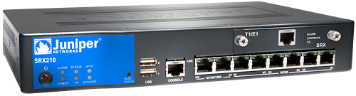 Juniper SRX services gateway 210 Enhanced with faster CPU, 2xGE + 6xFE ports, 1x