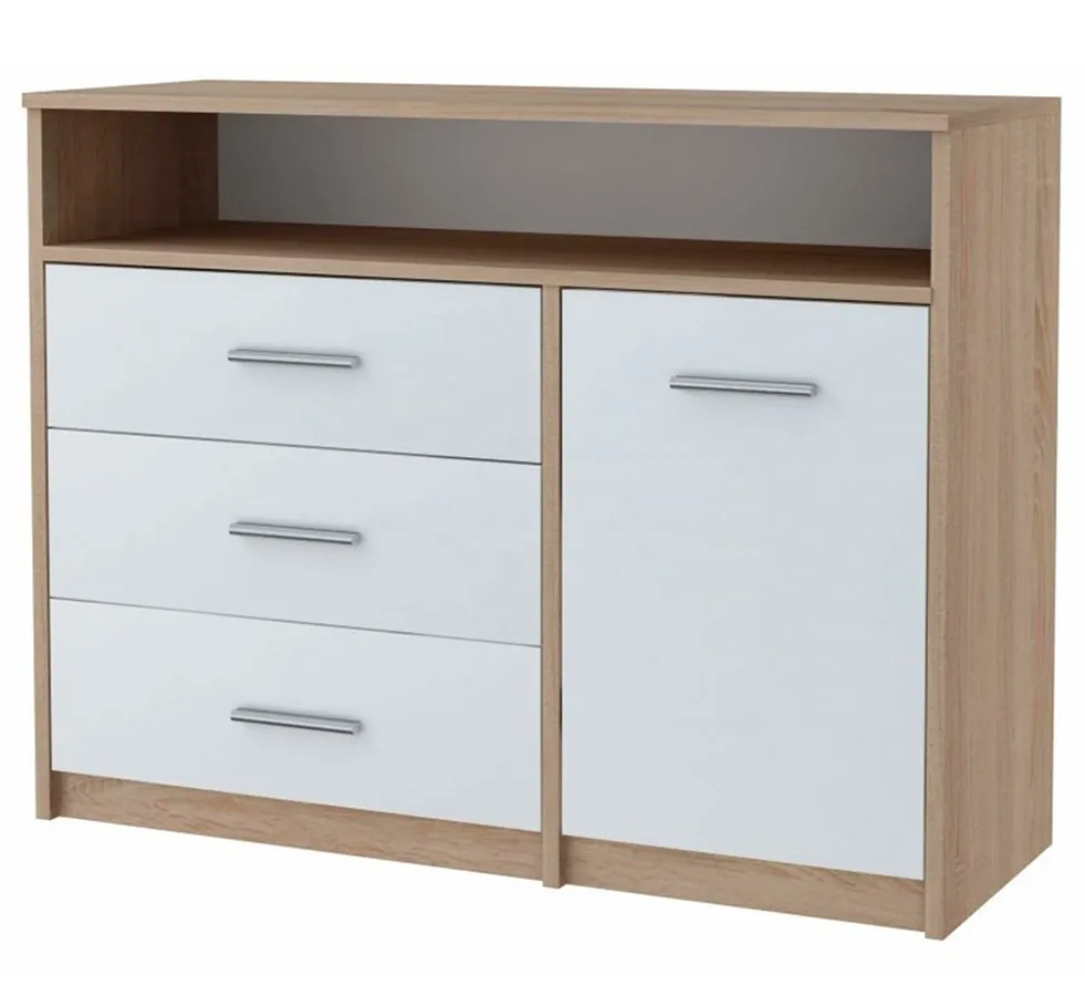 Komoda do salonu z szufladami i półkami dąb sonoma + biały K0-N12