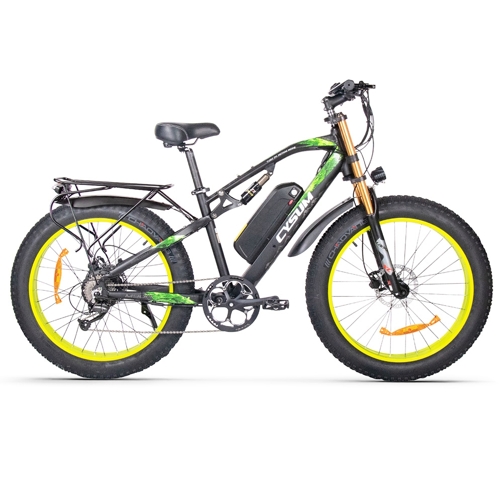 CYSUM M900 Fat Tire Electric Bike 48V 1000W Brushless Gear Motor 17Ah Removable Battery for 50-70 Range - Black-Green