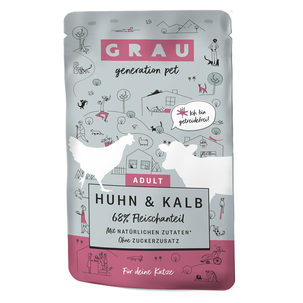 Grau Adult, Saszetka dla Łasucha, bez zbóż, 16 x 125 g -  Kurczak i cielęcina