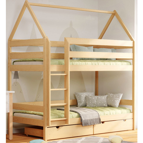 Łóżko piętrowe domek z szufladami i materacami, sosna - Zuzu 4X 190x80 cm