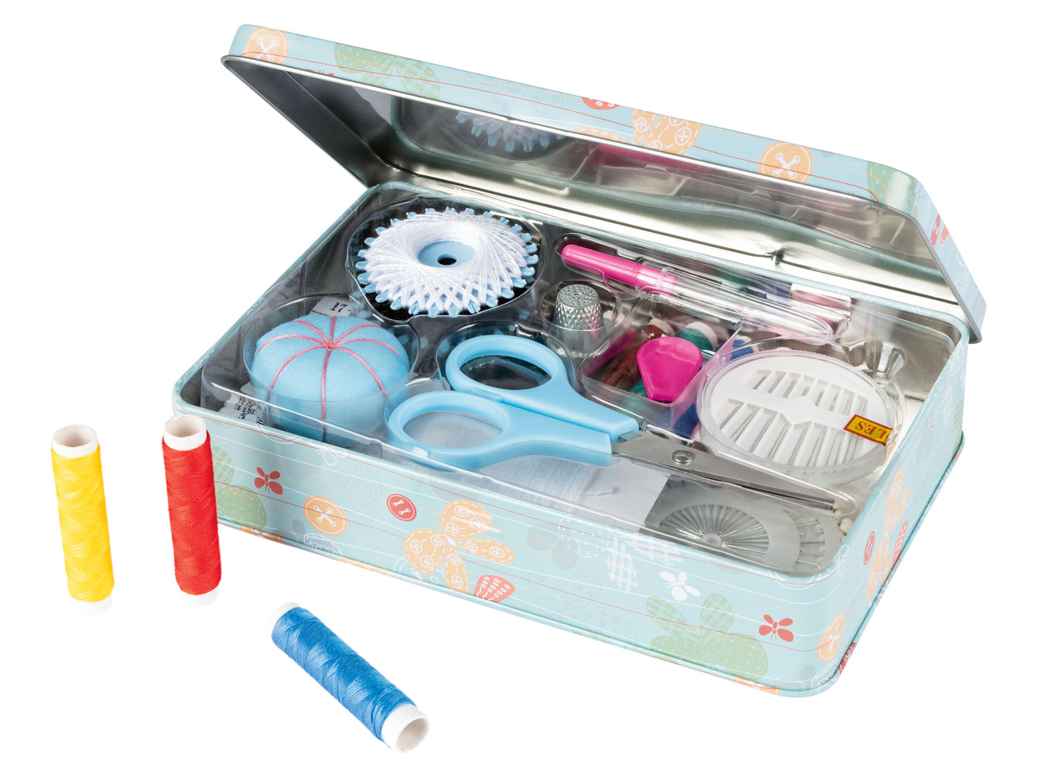 Crelando Podróżne etui na przybory do szycia, 65 elementów / Szkatułka na przybory do szycia, 101 elementów (Wzorzysty/niebieski)