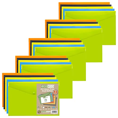 eco-eco A5 portfel z zatrzaskami, różne kolory, segregator z tworzywa sztucznego (25 sztuk), zielony, czarny, niebieski, żółty, pomarańczowy