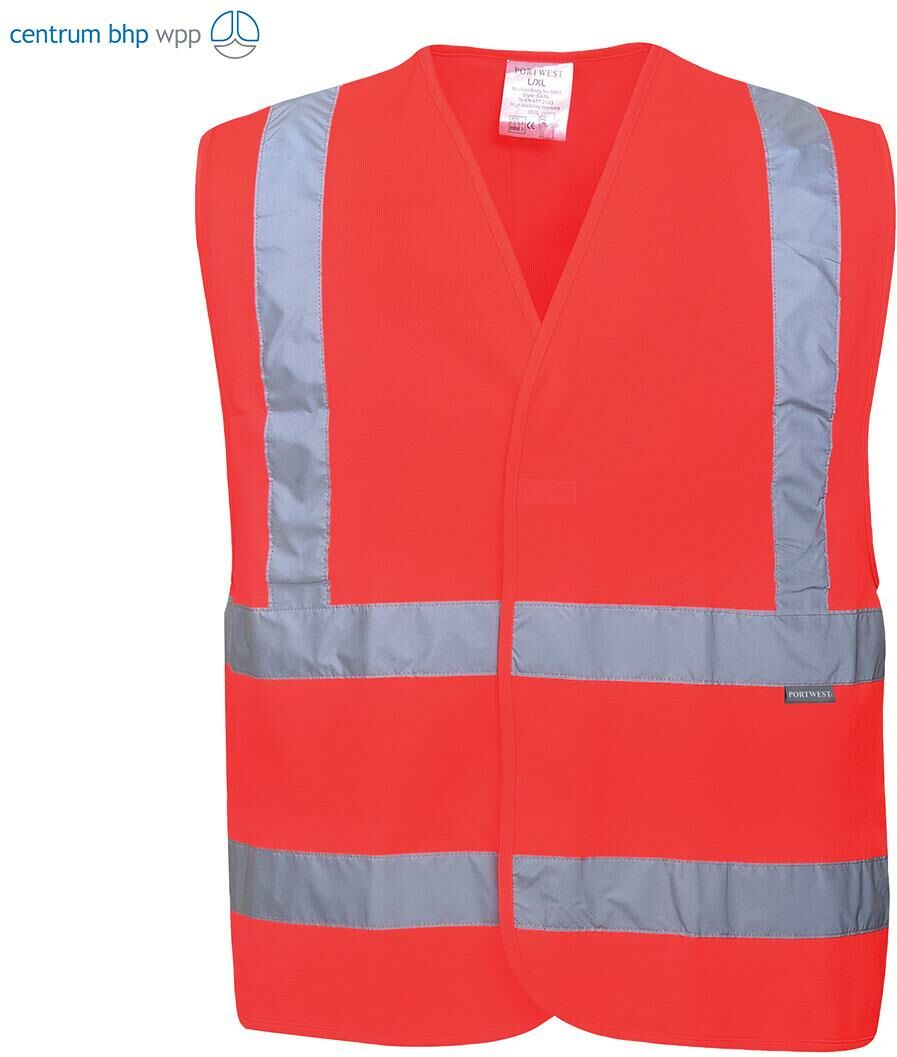 PORTWEST C470 KAMIZELKA OSTRZEGAWCZA Z TAŚMAMI PIONOWYMI I POZIOMYMI; CZERWONY (L/XL)