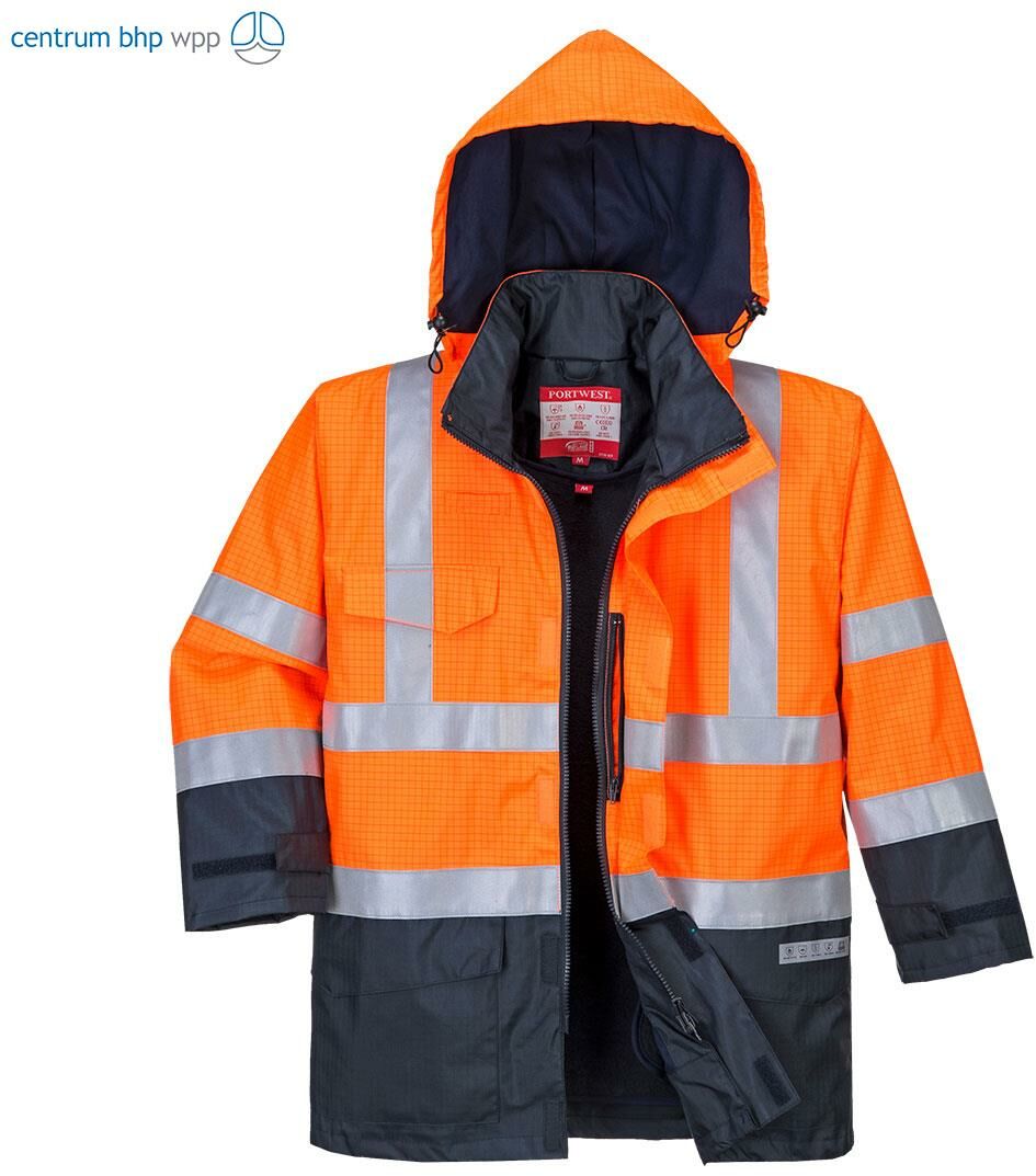 PORTWEST S779 BIZFLAME RAIN WIELOFUNKCYJNA, WODOODPORNA KURTKA OSTRZEGAWCZA; POMARAŃCZOWY/GRANATOWY