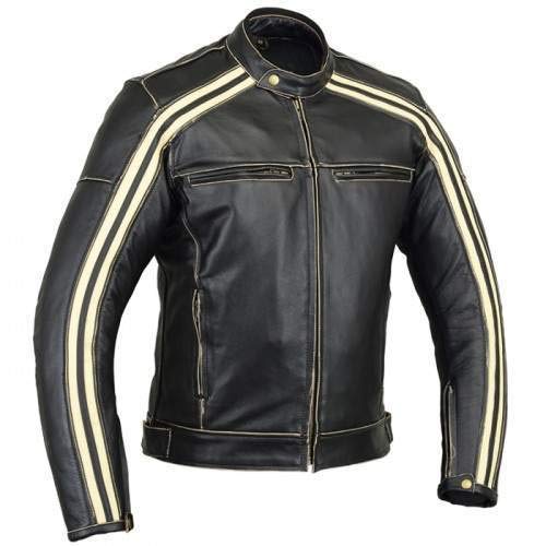 Bikers Gear Australia Klasyczna kurtka motocyklowa ze skóry bydlęcej z CE1621-1 zdejmowaną zbroją - kość słoniowa w paski 3XL