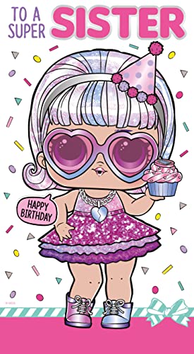 Sister LOL niespodzianka kartka urodzinowa, kartka urodzinowa z napisem 'Happy Birthday' LOL Surprise, LOL niespodzianka siostra kartka urodzinowa siostry