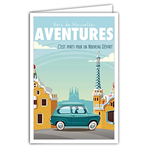 Afie 69-4341 Karta startowa do nowych przygód z kopertą - plakat mini plakat Format 17x11,5cm - Emerytura przeprowadzkowa zmiana życia podróż Barcelona Hiszpania samochód retro vintage