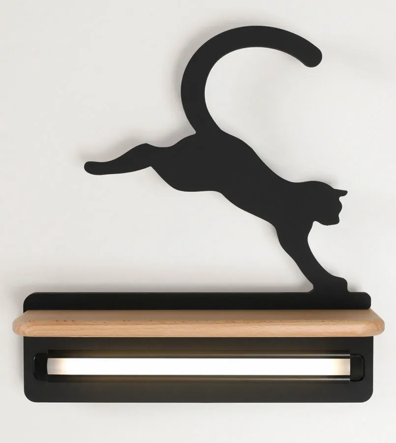 Czarny kinkiet dziecięcy kot z półką - K005 K0-T08