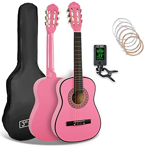 3rd Avenue Hiszpańska gitara klasyczna Kids od 3rd Avenue, w rozmiarze 1/2, dla początkujących, struny nylonowe, futerał, struny, stroik cyfrowy – w kolorze różowym