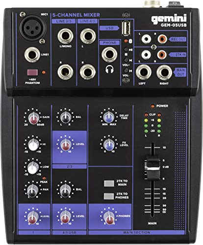 Gemini GEM-05USB Compact 5 Channel Bluetooth Mixer - USB Playback (Black)