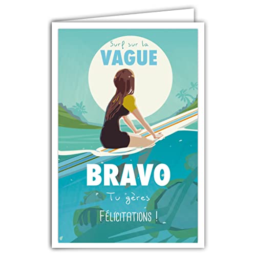 Afie 69-4346 Karta Gratulacje Bravo Zarządzasz z kopertą - plakat mini plakat Format 17 x 11,5cm - Sukces Fala Surfer Udaniesz Kontrola Konkurs Morze Ocean Retro Vintage