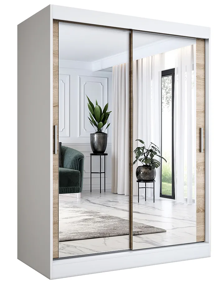 Szafa przesuwna z lustrem 150 cm biel + dąb sonoma W3-G00