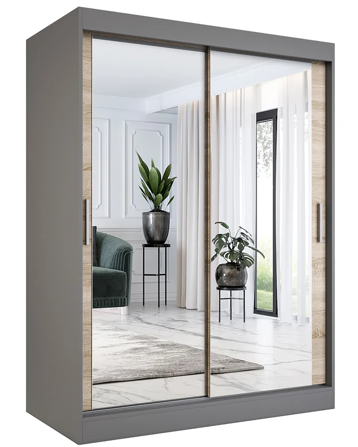 Szafa przesuwna z lustrem 150 cm antracyt + dąb sonoma H4-L27