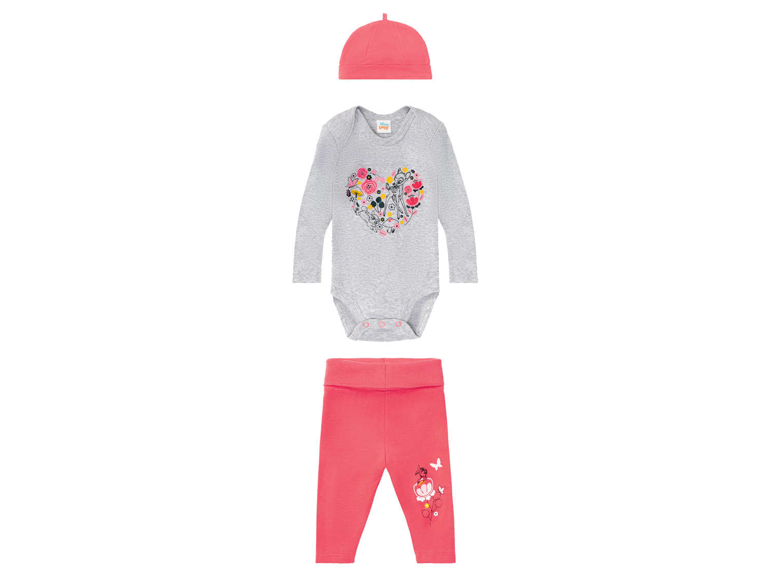 Komplet niemowlęcy z bohaterami bajek (body + spodnie + czapka), 3 elementy, 1 zestaw (50/56, Wzór Bambi)