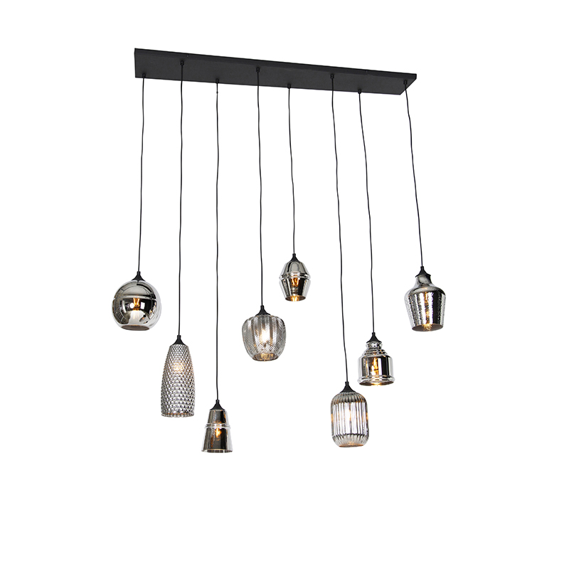 QAZQA Lampa wisząca art deco czarna z przydymionym szkłem 8 lamp - Hanne