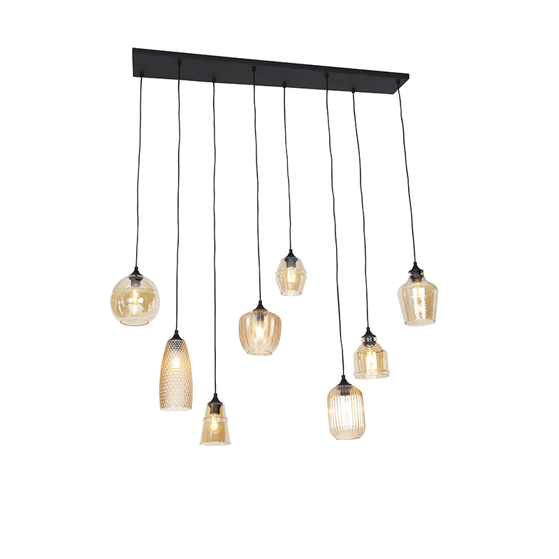 QAZQA Lampa wisząca Art Deco czarna z bursztynowym szkłem 8 lamp - Hanne