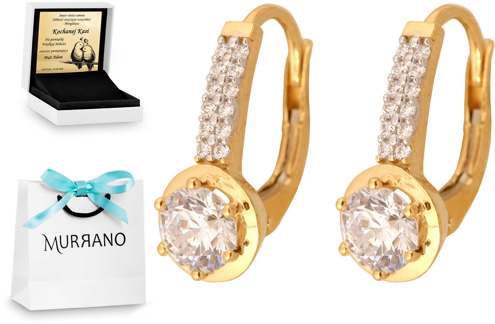 Złote kolczyki 585 wiszące prezent grawer pudełko