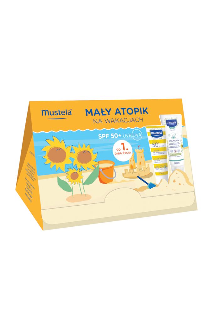 Mustela zestaw Mały Atopik na wakacjach mleczko do twarzy i ciała spf50+ 40ml + Stelatopia balsam emolient 40ml