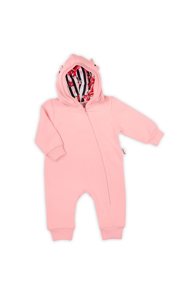 Pajacyki dla niemowląt - Pajac niemowlęcy z kapturem - różowy - grafika 1