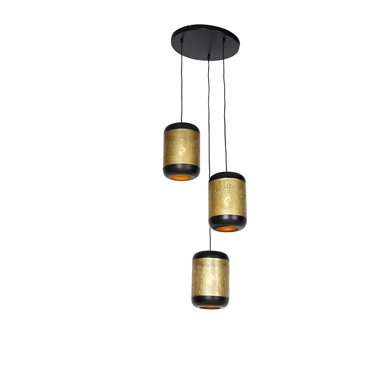QAZQA Vintage lampa wisząca czarna z mosiężną okrągłą 3-lampką - Kayleigh