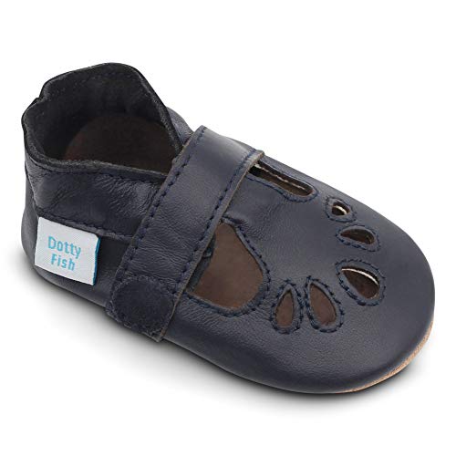 Dotty Fish Dziewczęce miękkie skórzane buty w kształcie litery T, podeszwa, sandały, granatowy, 0-6 Miesięcy