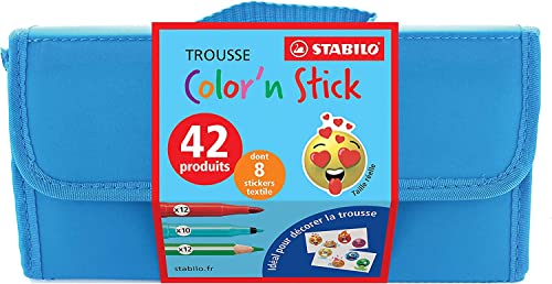 Długopisy w zestawie – STABILO Color 'n stick – piórnik z 12 x STABILO powerMax, STABILO 10 x Trio A-Z, STABILO 12 x Trio gruby, 8 x klej do tkanin z motywem emoji