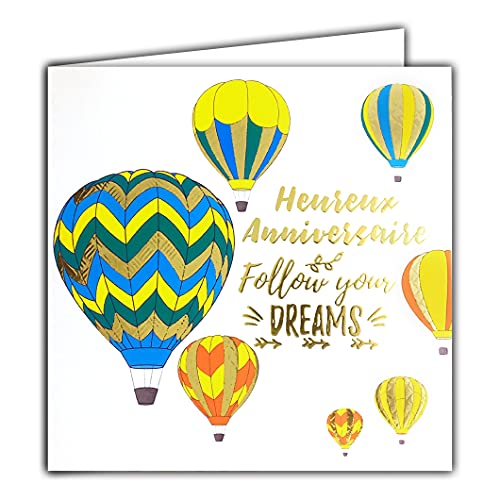 Afie 22065 Szczęśliwa karta ANNIVERSAIRE Follow your dreams Sen w błyszczącym złocie - kwadratowa kartka 145 x 145 mm z kopertą - francuska produkcja; balony do balonów;