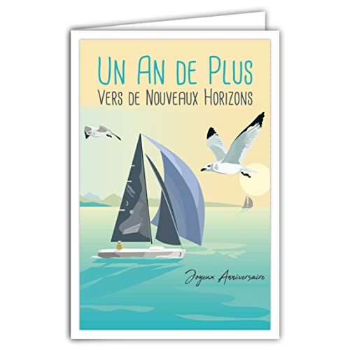 Afie 69-4320 Karta urodzinowa na 1 rok Plus z kopertą - plakat mini plakat w formacie 17x11,5cm - Na nowe horyzonty łodzi żaglówki, ptaki mewy morskie retro vintage