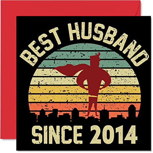 Brązowa kartka rocznicowa dla męża od żony – 'Best Husband Since 2014' – 'I Love You' prezenty, kartki z okazji 8. rocznicy ślubu dla partnera, 145 mm x 145 mm kartki z życzeniami na ósme rocznice