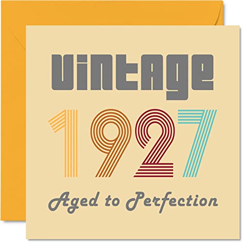 Kartki urodzinowe dla mężczyzn i kobiet w stylu vintage 1927 Aged To Perfection - 95 kartka urodzinowa zabawna dla niej, 145 mm x 145 mm urodziny kartki z życzeniami dla dziadka babci