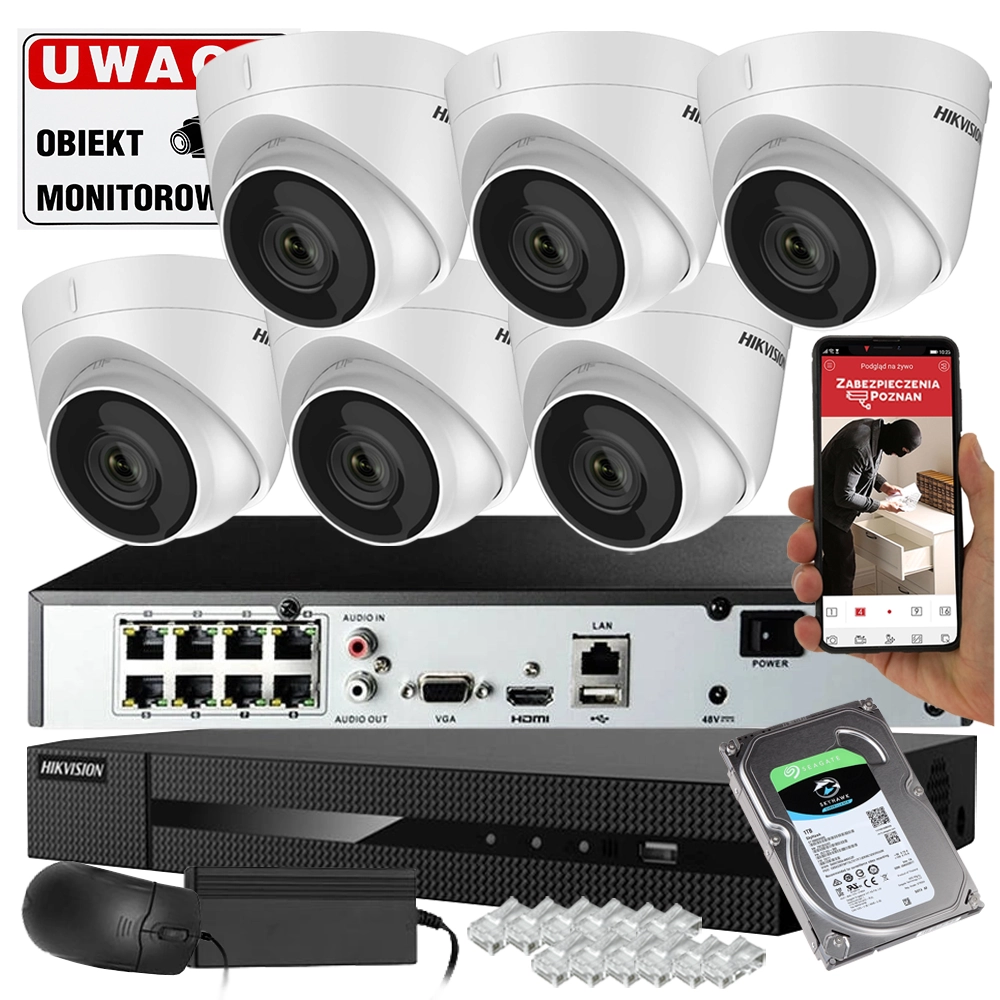 Фото - Комплект відеоспостереження Hikvision Monitoring na telefon zestaw 6 kamer IP  IPCAM-T4 4MPx POE 