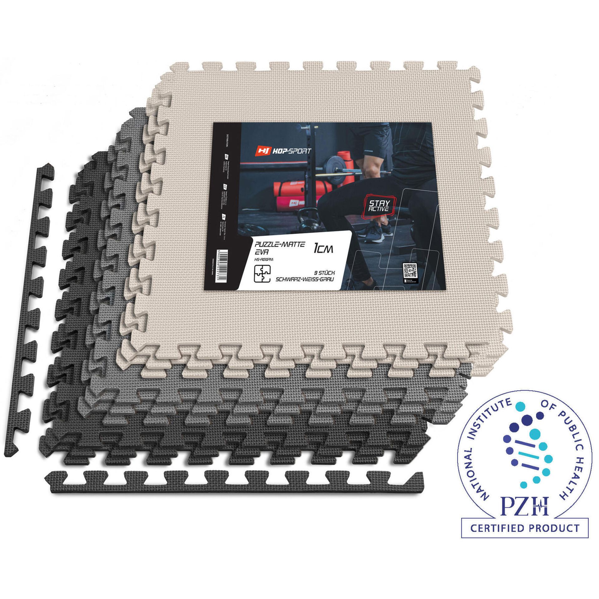 Hop-Sport Mata puzzle EVA 1cm czarno/biało/szara - 9 sztuk