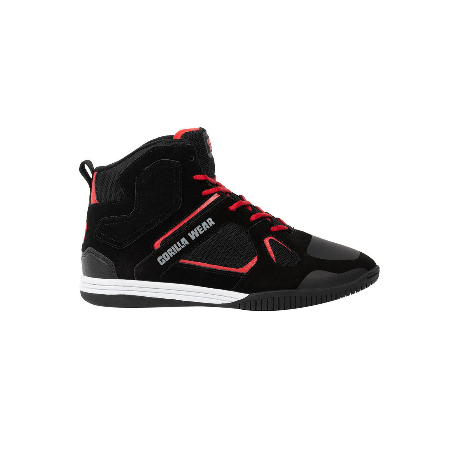 Gorilla Wear Buty kulturystyki Troy High Tops – czarne/czerwone – do uprawiania sportu, na co dzień, do treningu, sznurowadła z logo, wygodne, bardzo mocne trzymanie dla mężczyzn, czerwony, 41 EU