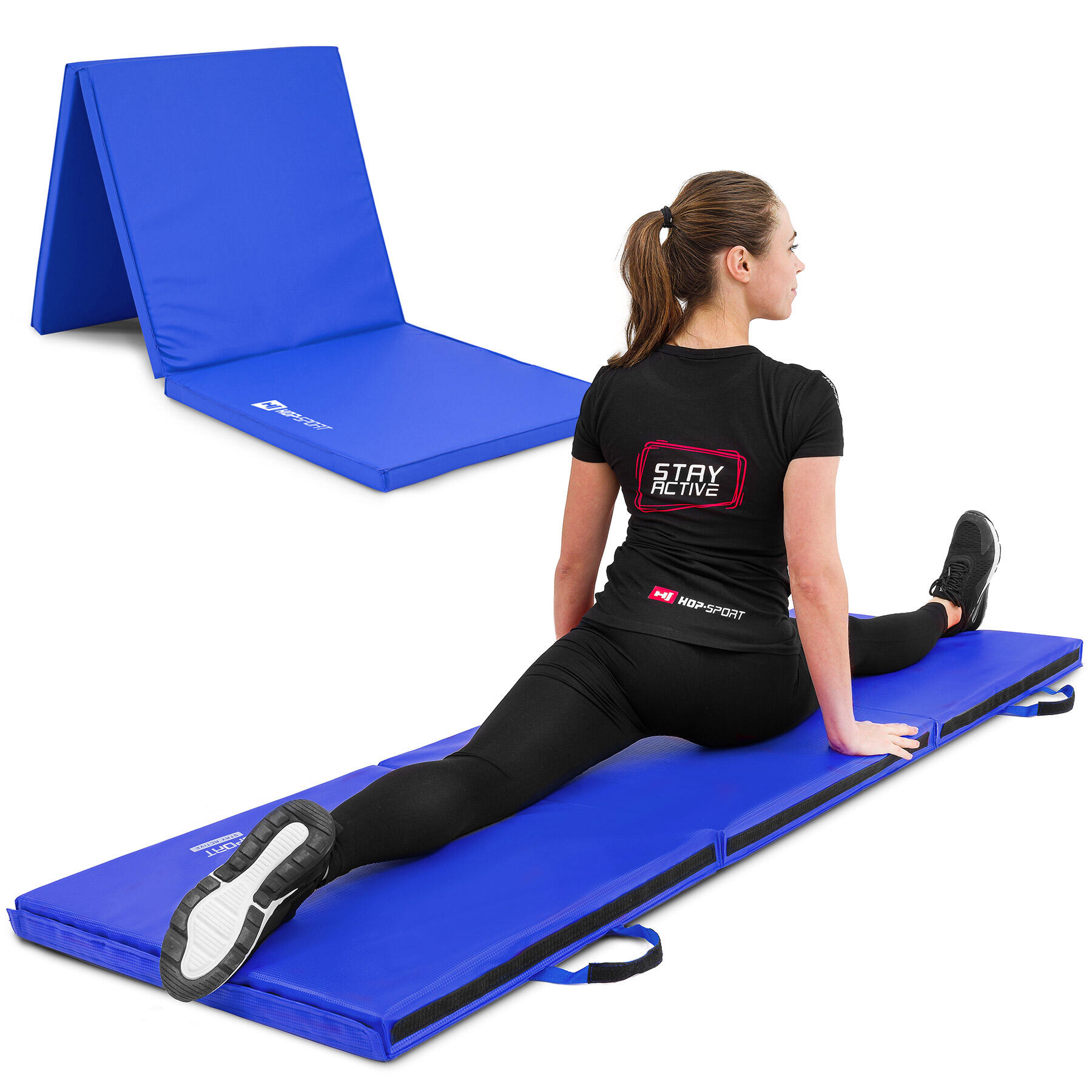 Hop-sport Materac gimnastyczny składany średnio twardy z rzepami 5cm - niebieski