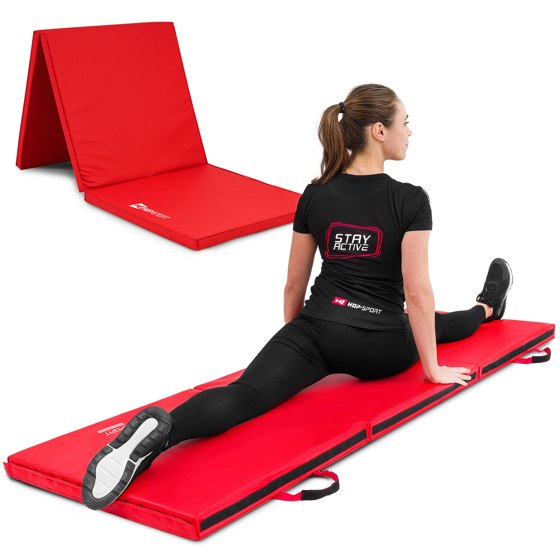 Hop-sport Materac gimnastyczny składany twardy z rzepami 5cm - czerwony