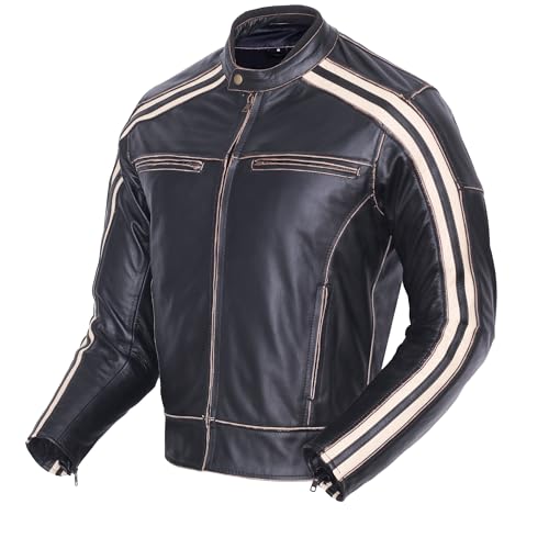Bikers Gear Australia Klasyczna kurtka motocyklowa ze skóry bydlęcej w stylu retro z odpinanym pancerzem CE1621-1 - kość słoniowa paski, 6XL