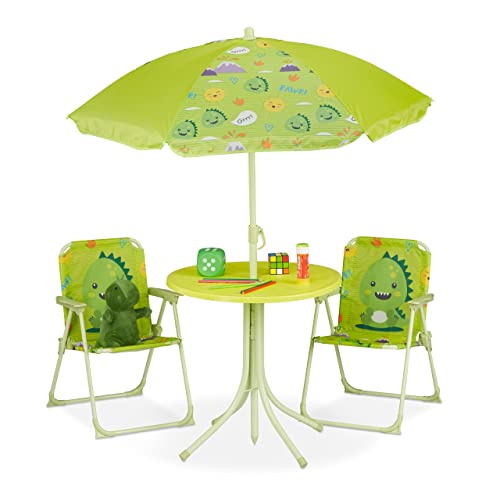 Relaxdays Zestaw mebli do siedzenia dla dzieci, zestaw do siedzenia dla dzieci z parasolem, składanymi krzesłami i stołem, motyw potwora, ogród, zielony